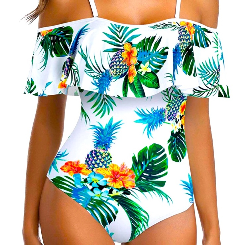 Ruffle Off Shoulder Swimsuit Floral Print